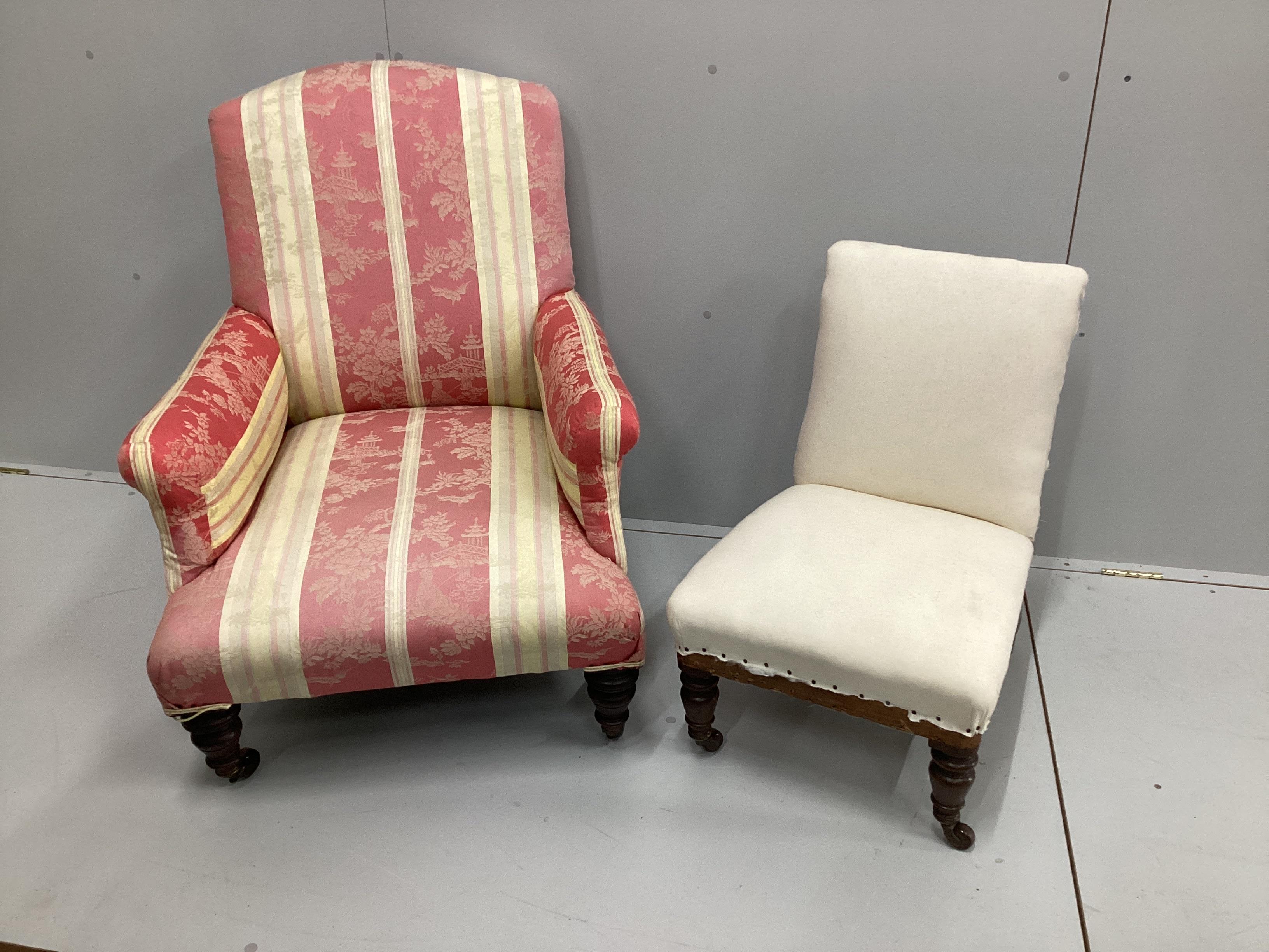 A late Victorian upholstered armchair, width 70cm, depth 72cm, height 90cm, together with a Victorian part upholstered nursing chair